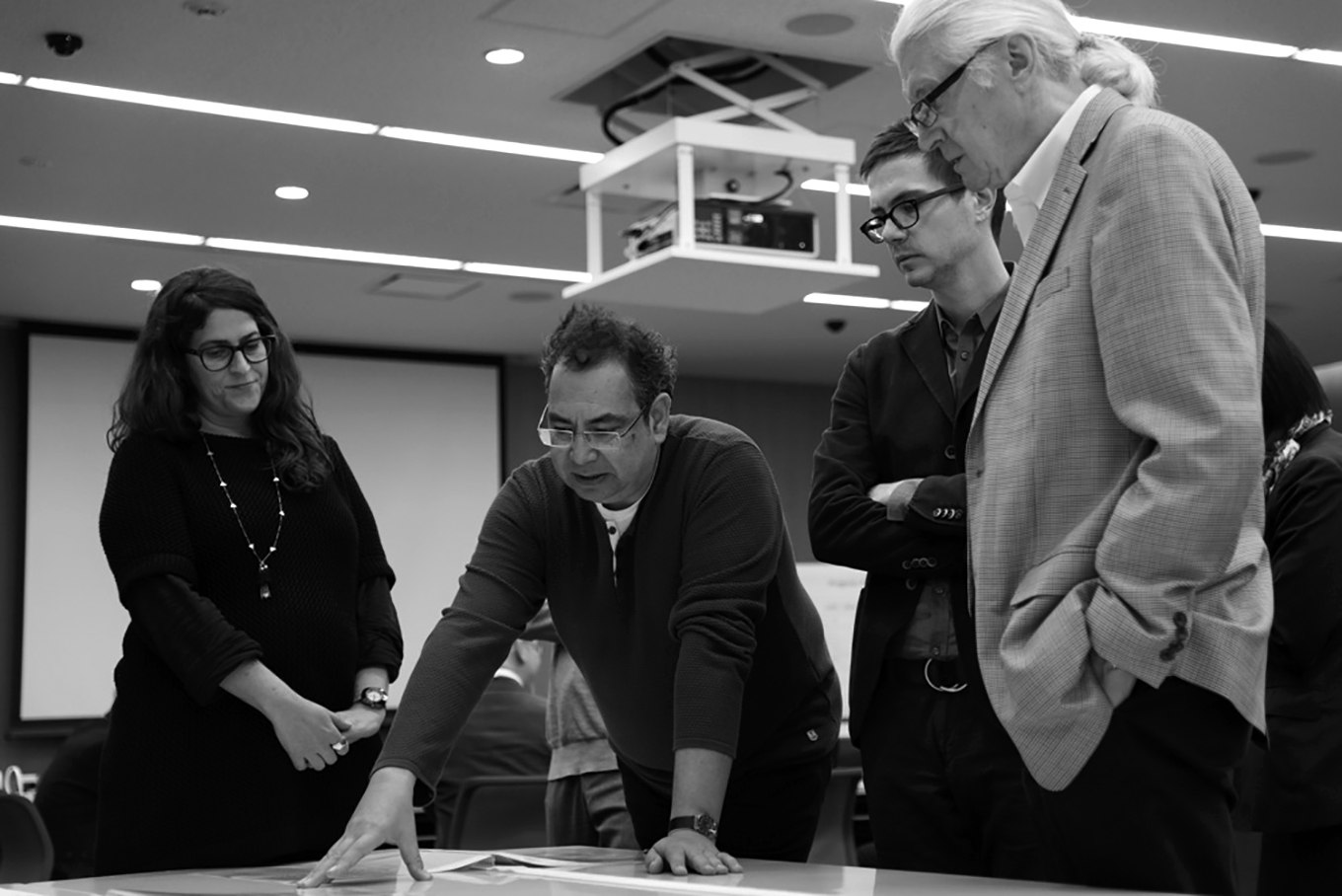 Photograph of Sara Soskolne, Fred Smeijers, Cyrus Highsmith, and Matthew Carter judging the 2014 Morisawa Type Design Competition