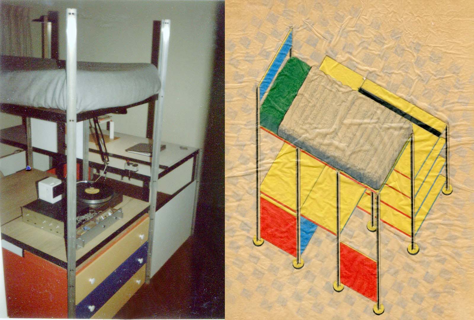 1981: A furniture system designed and built by Thompson during his time at Art Center. The audio tube amp built from a kit, audio preamp Thompson built from scratch.