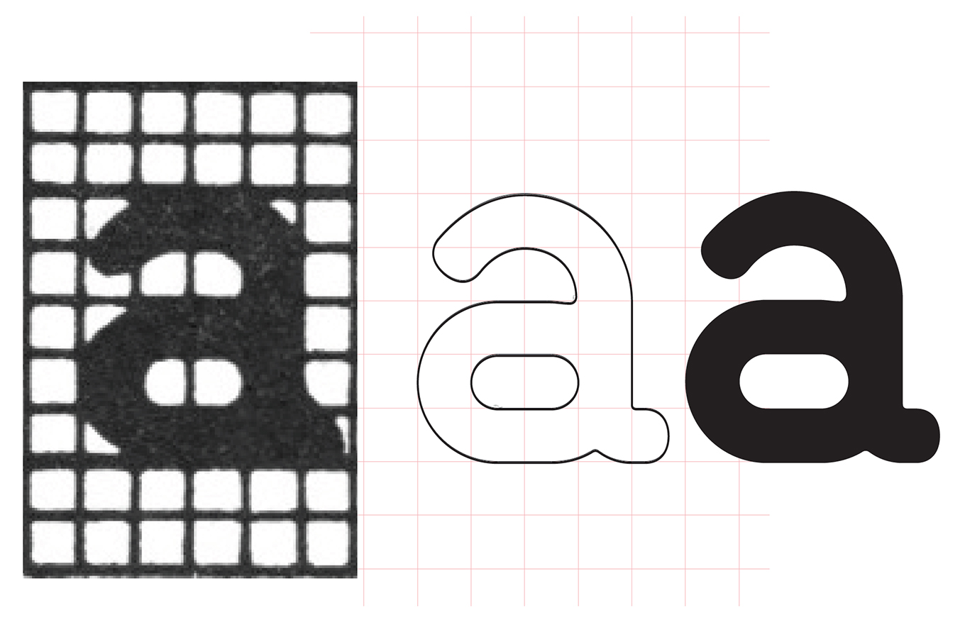 An image showing Urós’ early digitization of the UNE alphabet, which strictly adhered to the underlying grid.