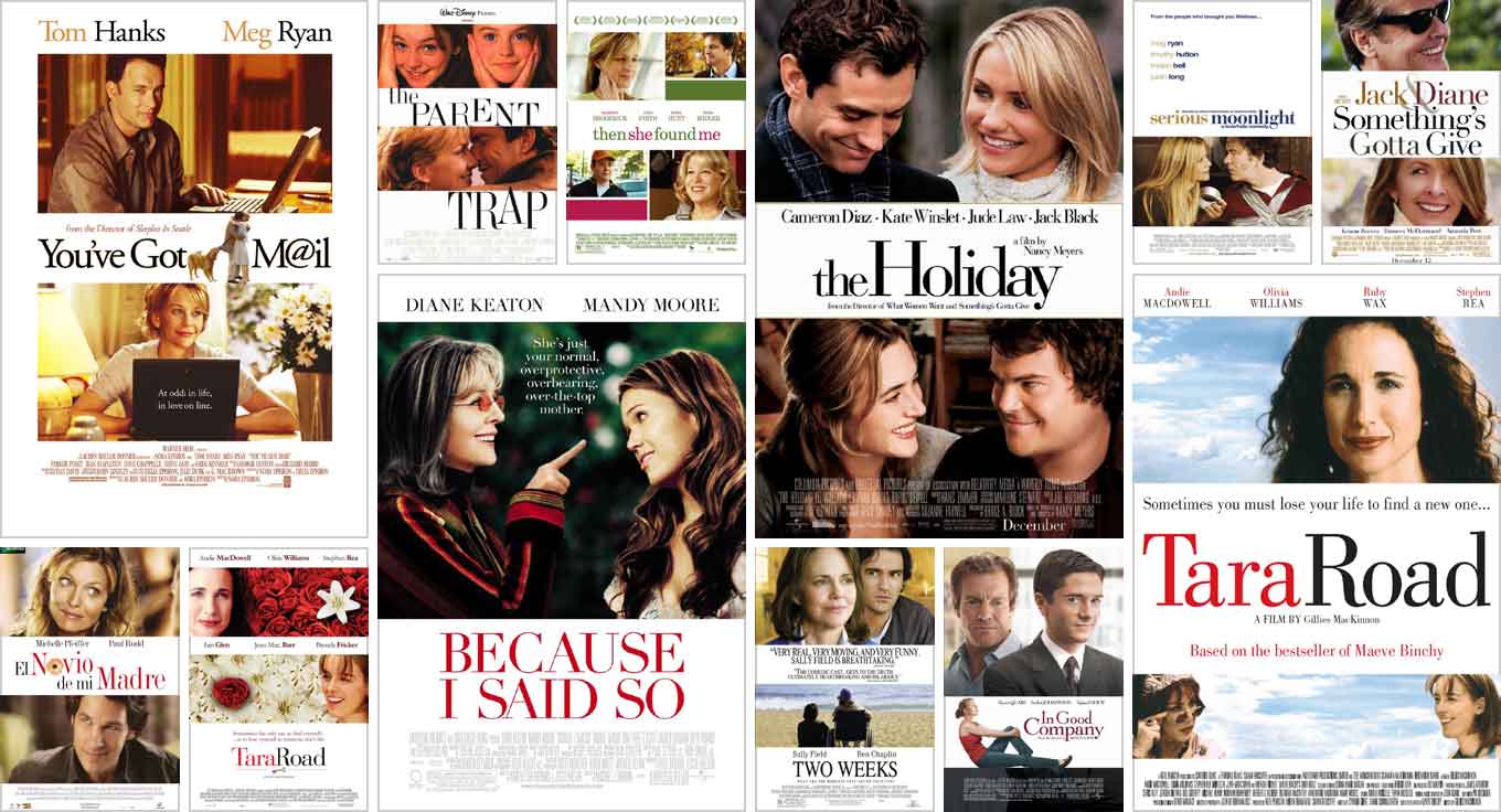 Collage of film posters for romantic comedies that have alternating horizontal bands as the main motif.