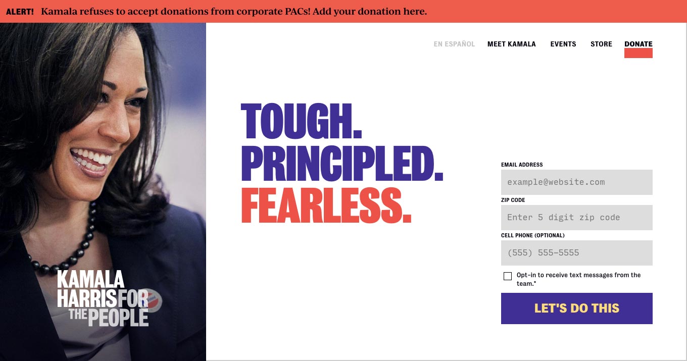 Homepage for the Kamala Harris: For the People website