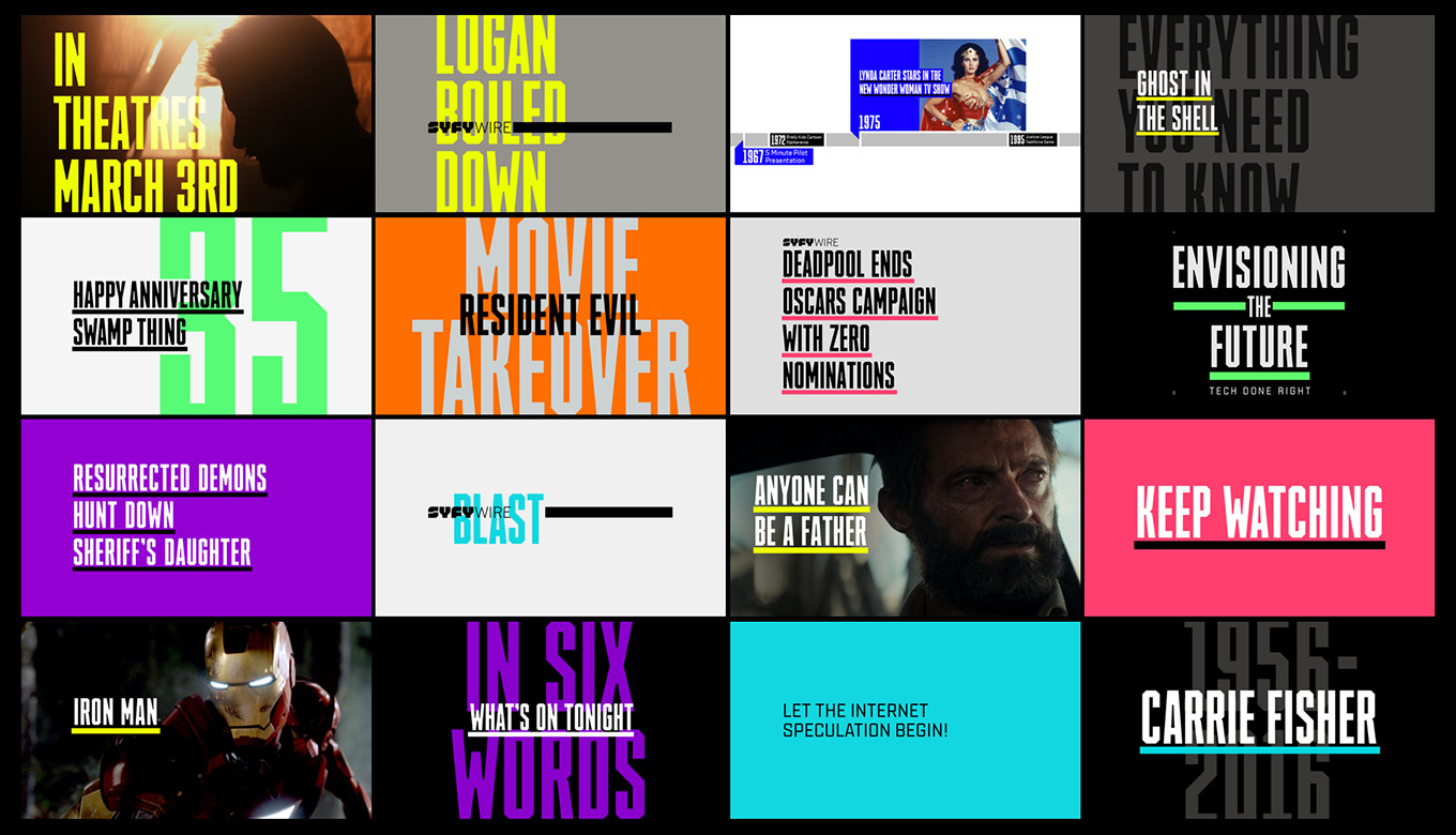 Patchwork of screens showing the custom typefaces SYFY Hero and SYFY Sidekick in use.