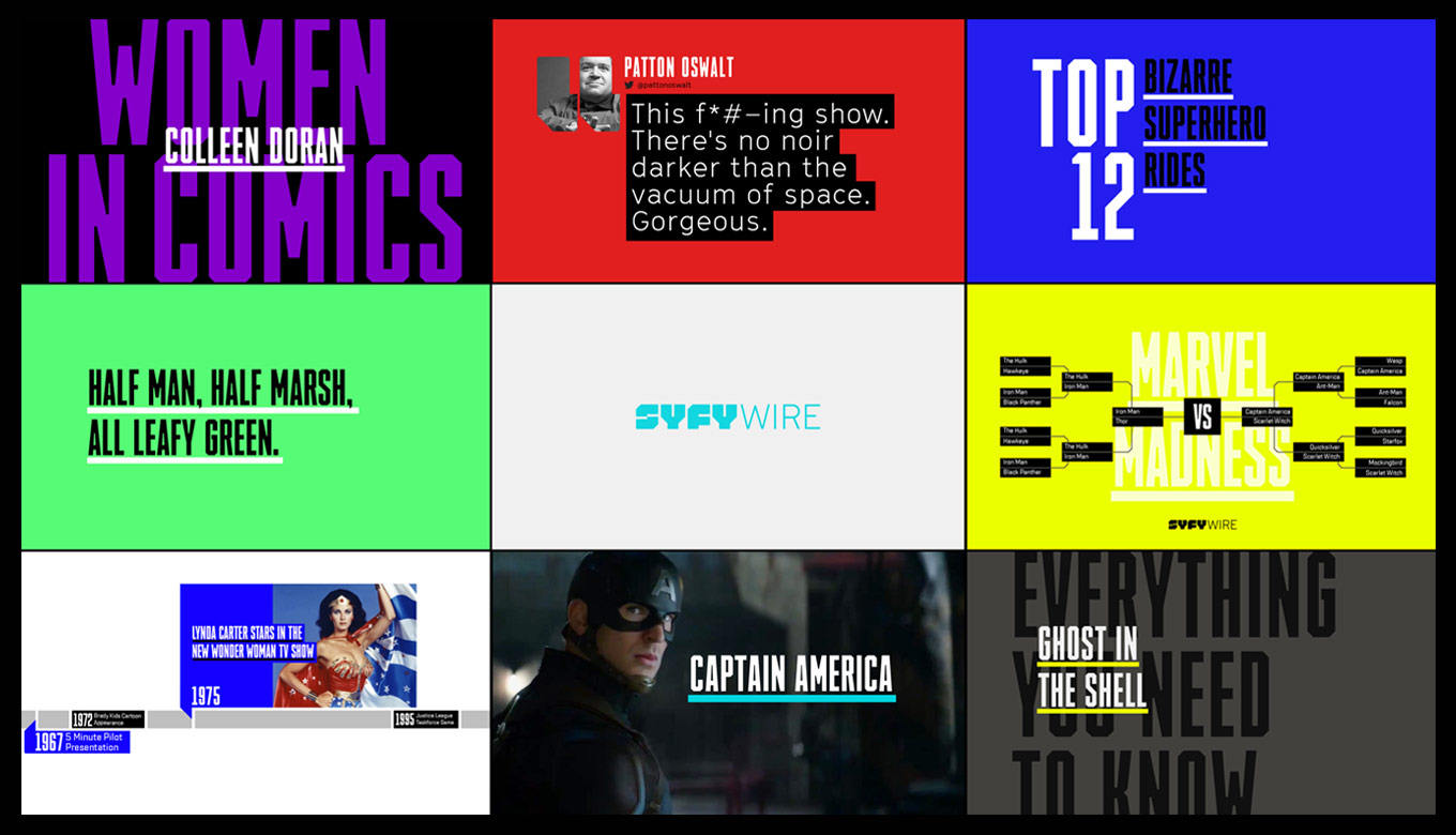 Patchwork of screens showing the custom typefaces SYFY Hero and SYFY Sidekick in use.