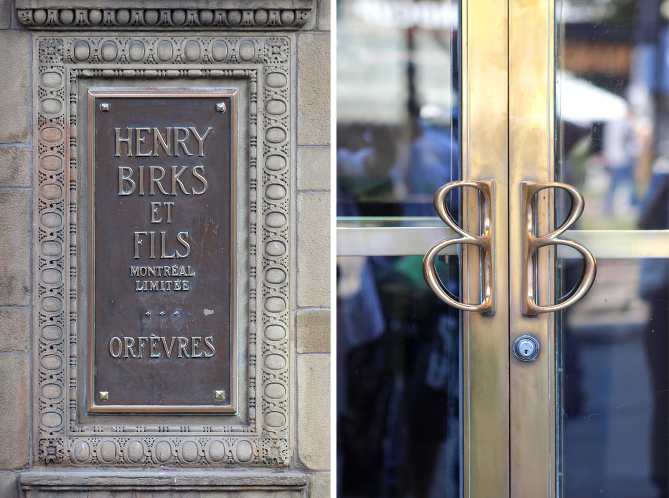 Two images of Birks Department Store. Left: a bronze inscription plate. Right: branded brass door handles.