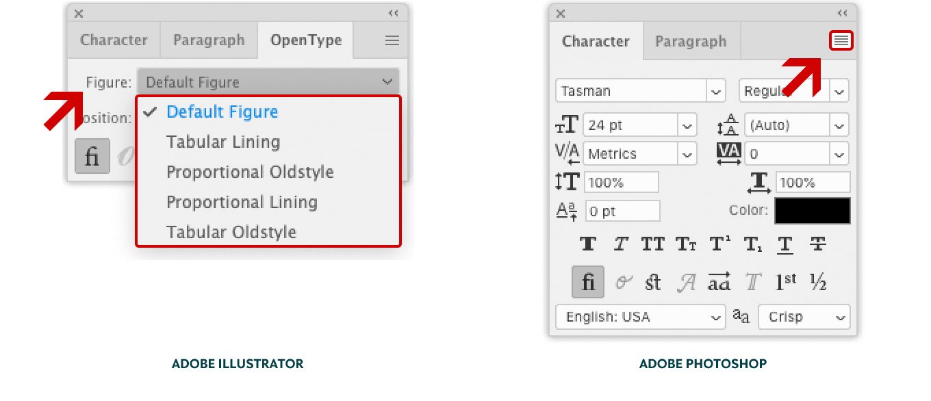 Screenshot showing the location of the different figure styles in Adobe Illustrator CC (left) and Photoshop CC (right).