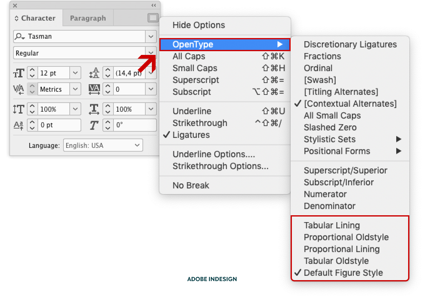 Screenshot showing the location of the different figure styles in Adobe InDesign CC.