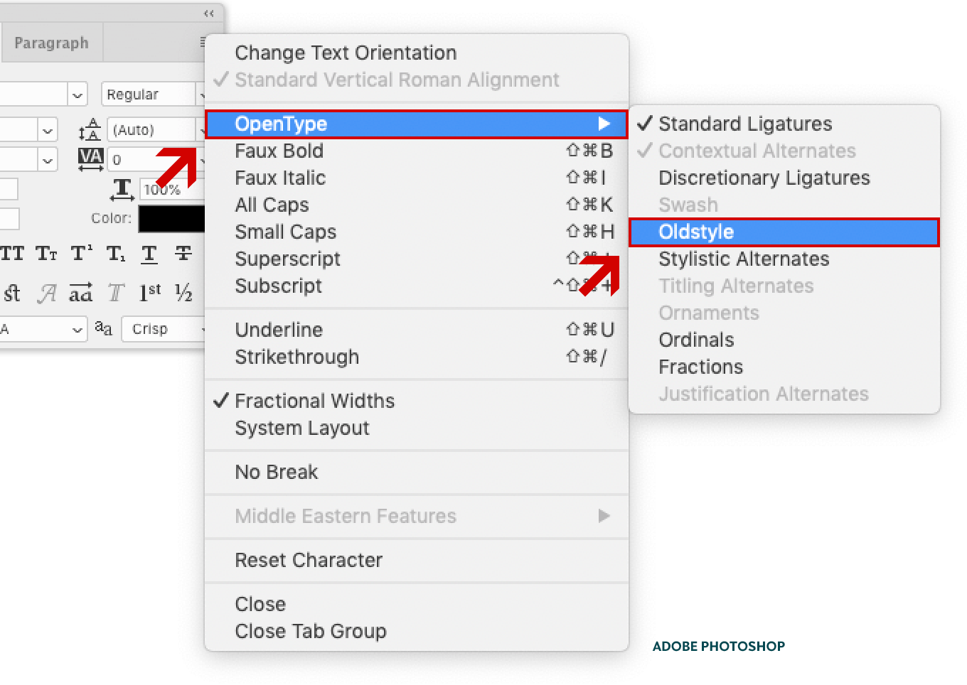 Screenshot illustrating that Adobe Photoshop CC only allows users to select oldstyle numerals.