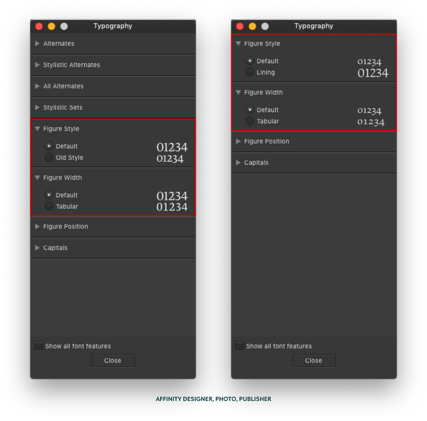 Screenshot showing the location of the different figure styles in Affinity Designer, Photo, and Publisher Beta.