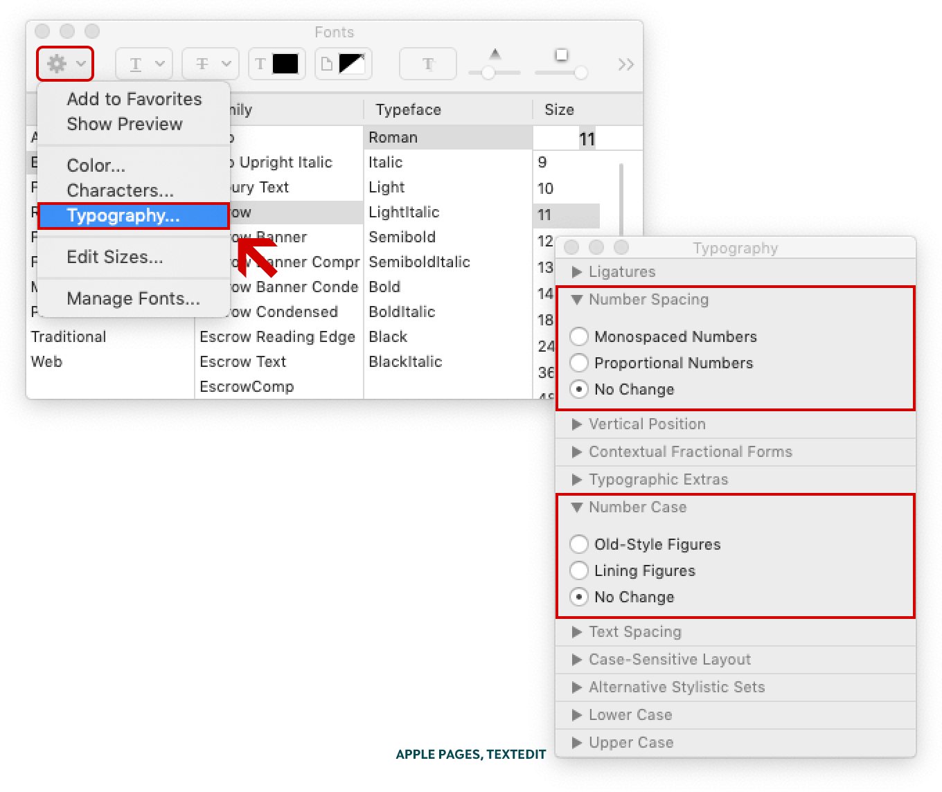 Screenshot showing the location of the different figure styles in Apple Pages and TextEdit.