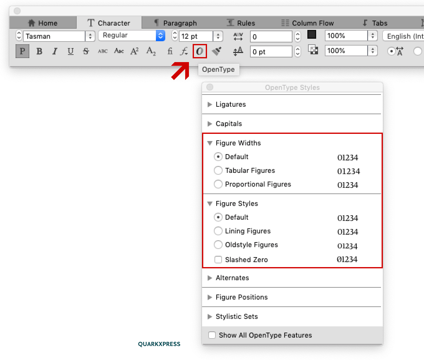 Screenshot showing the location of the different figure styles in QuarkXPress.