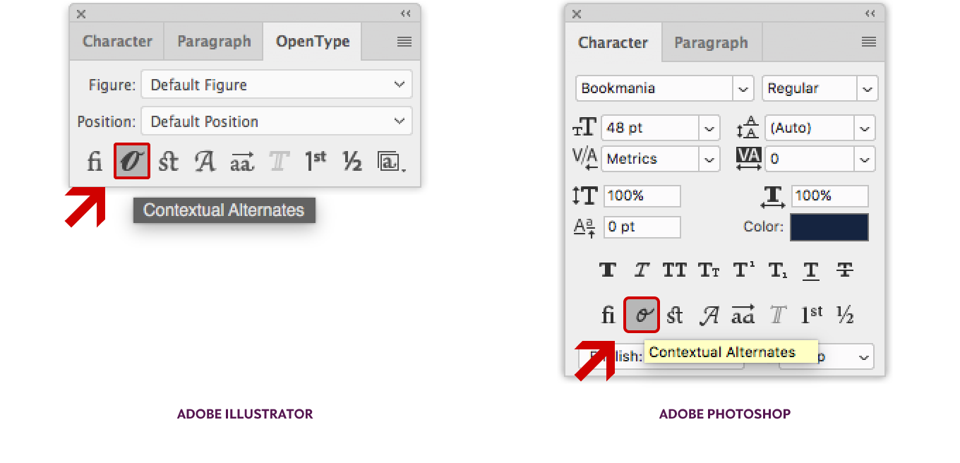 Location of the Contextual Alternates OpenType feature in Adobe Illustrator CC (left) and Photoshop CC (right).