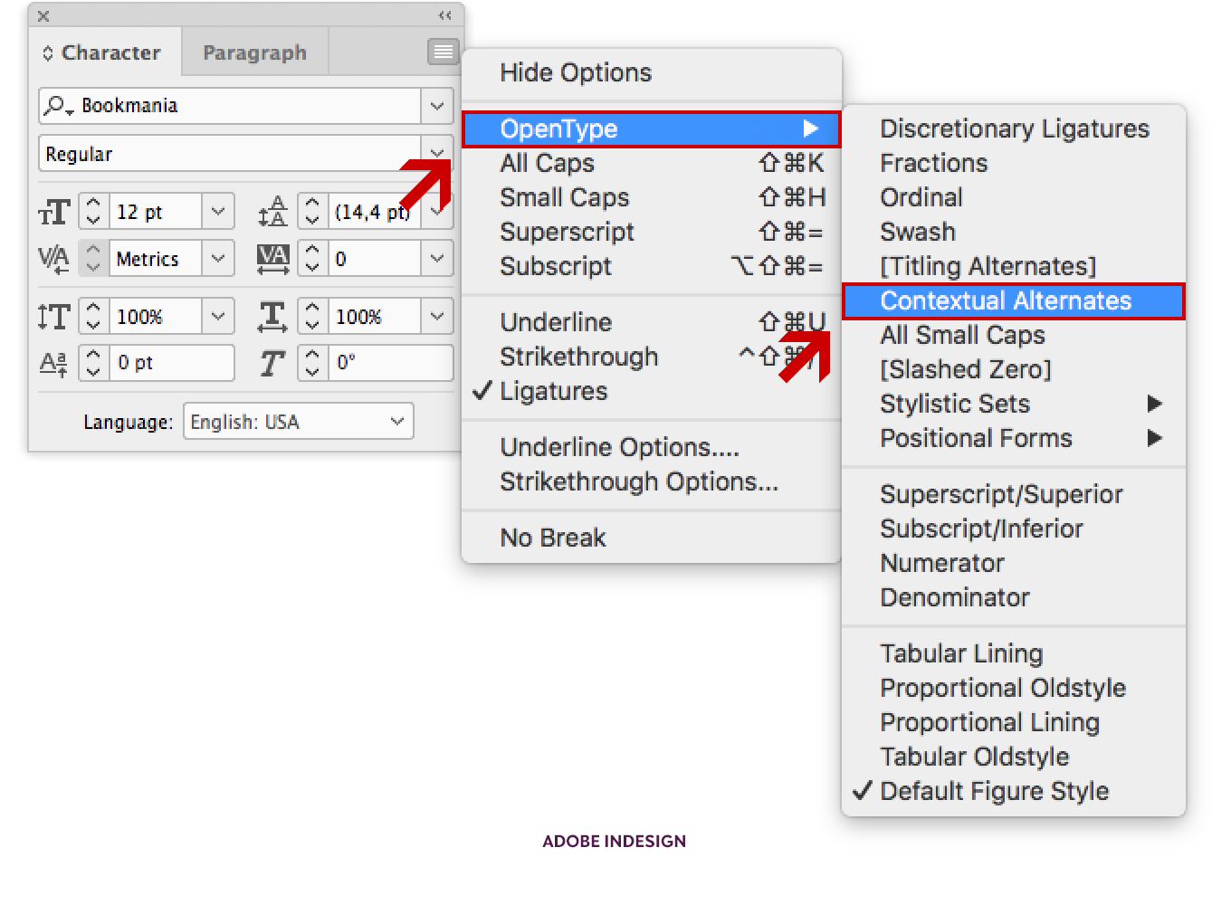 Location of the Contextual Alternates OpenType feature in Adobe InDesign CC.