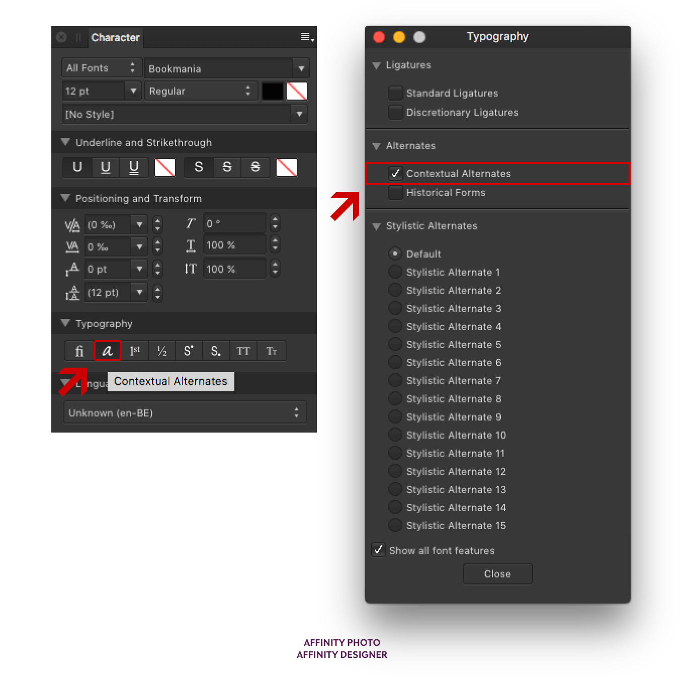 Location of the Contextual Alternates OpenType feature in the Character and Typography windows in Affinity Designer and Photo.