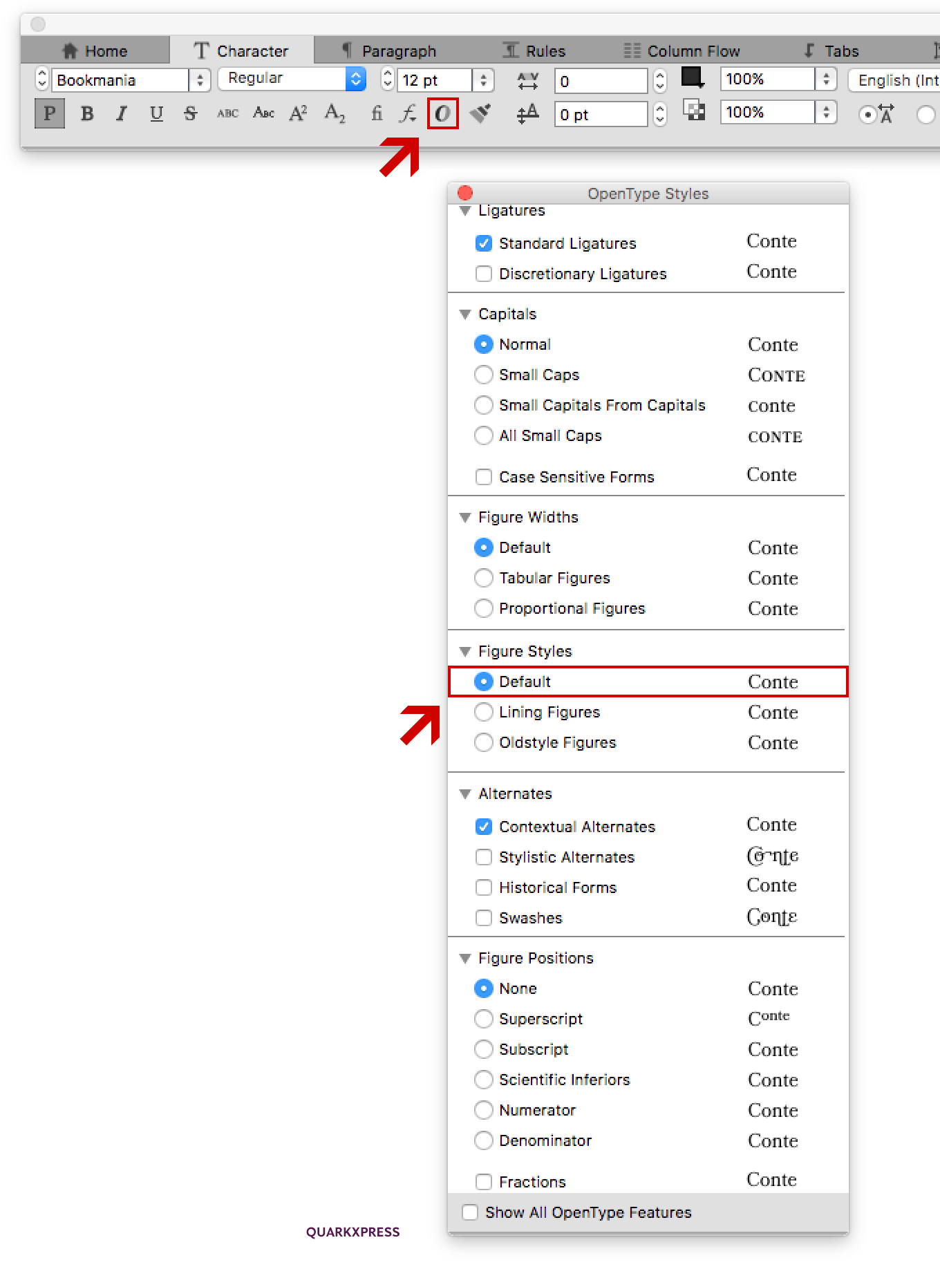 Location of the Contextual Alternates OpenType feature in the OpenType Styles window in QuarkXPress.