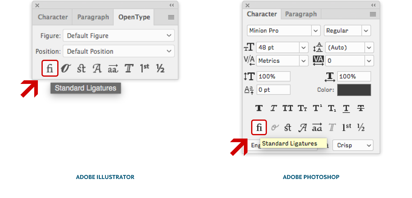 Location of the OpenType feature Standard Ligatures in Adobe Illustrator CC and Photoshop CC