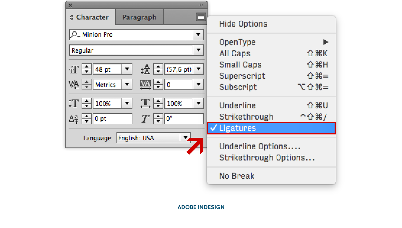Location of the OpenType feature Standard Ligatures in Adobe InDesign CC