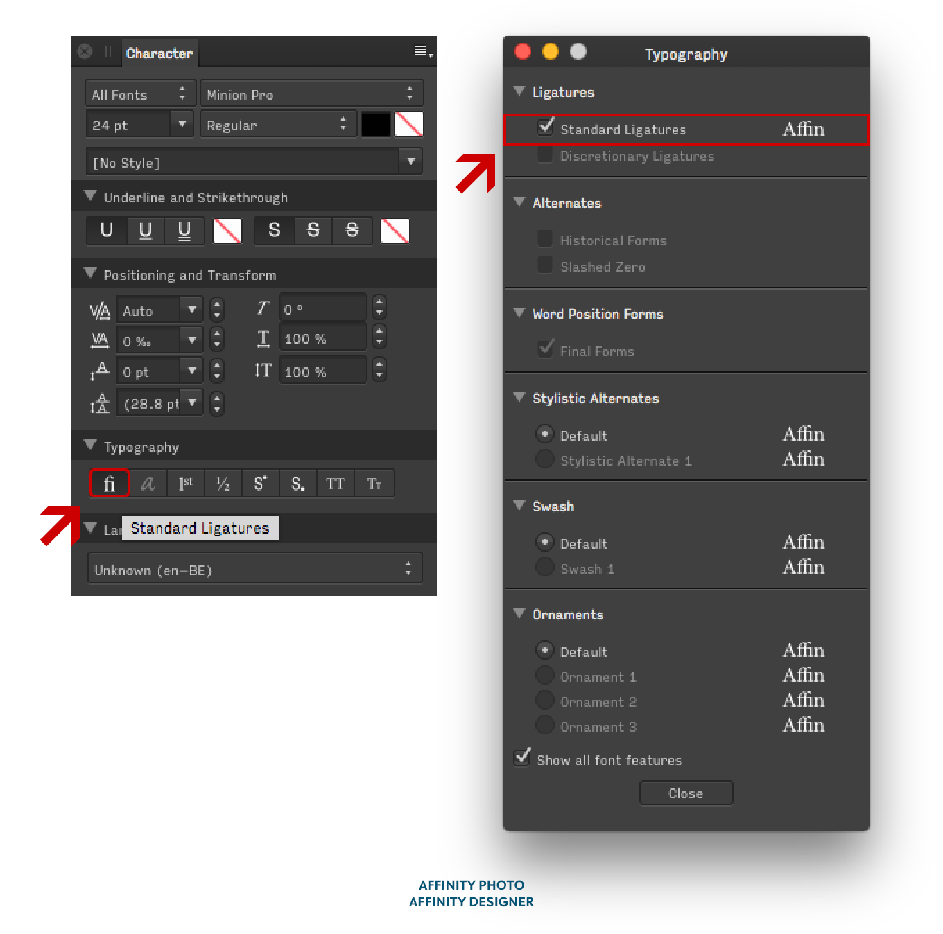 Location of the OpenType feature Standard Ligatures in Affinity Designer and Photo