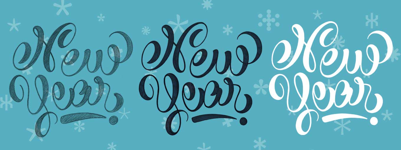 The different stages in the creation of the hand-lettered “New Year” by Marina Chaccur