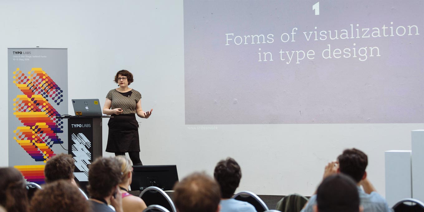 Nina Stössinger delivering her presentation at the first TYPO Labs font technology conference in Berlin in 2016.