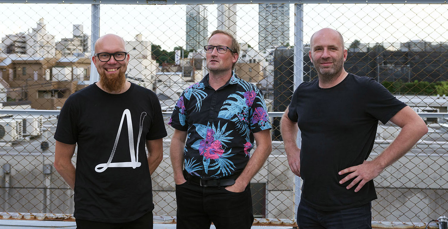 The Underware team—Sami Kortemäki, Bas Jacobs, Akiem Helmling—at the From Typography to Grammatography exhibition at Print gallery, Tokyo, Japan, 2019.